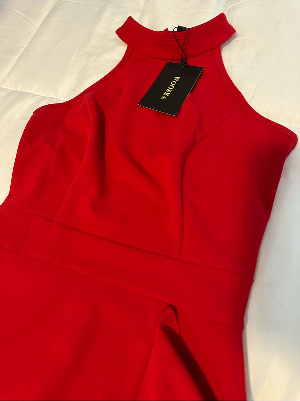 High-Neck Red Maxi Dress with Side Ruffle - Picture 3 of 3